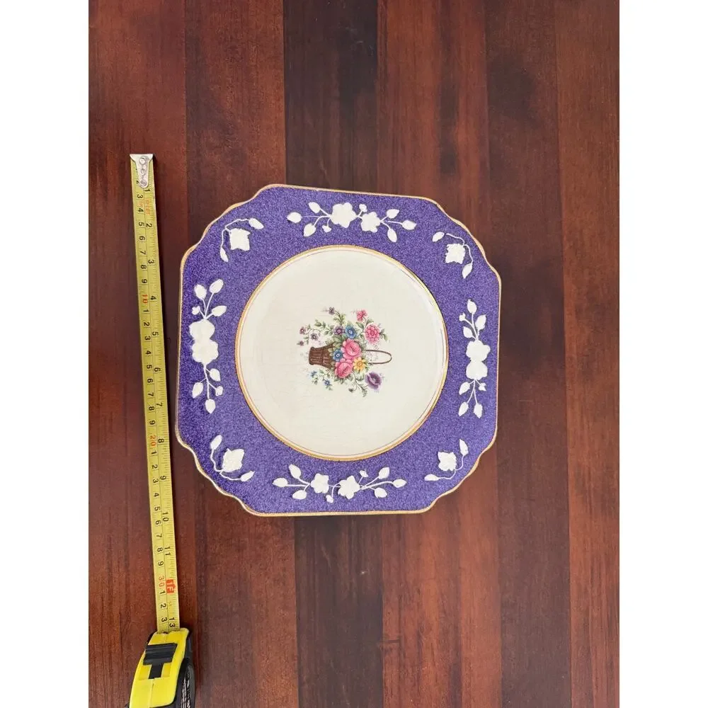 Wedgwood & Co Ltd Queens Ivory England 6 Purple Plates Floral Basket Vintage